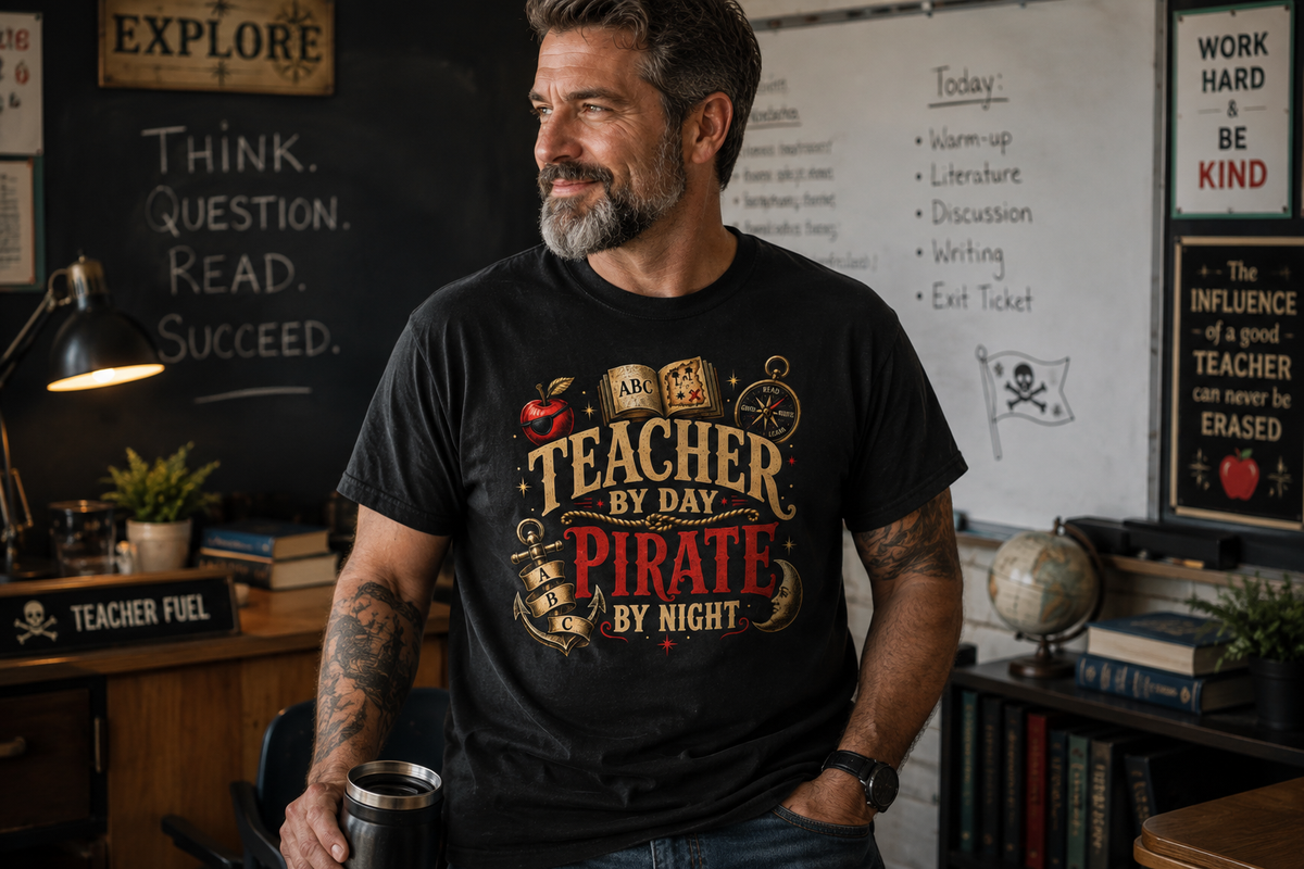 Teacher by Day Pirate by Night funny teacher shirt worn by a man in a classroom