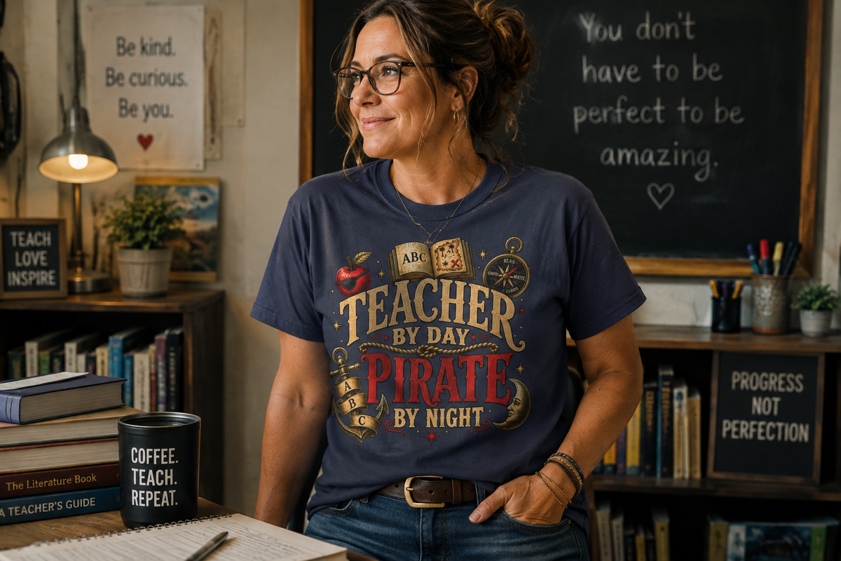 Teacher by Day Pirate by Night funny teacher shirt worn by a woman in a classroom