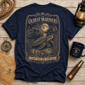 The Oldest Mariners sea turtle t-shirt, back print: a vintage engraving of a loggerhead on a moonlit beach, Save Our Sea Turtles banner, on a navy tee