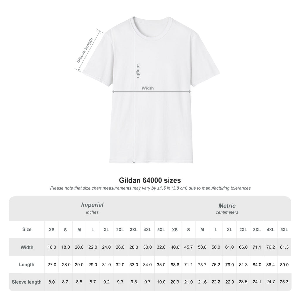 Size chart for the Gildan 64000 Softstyle t-shirt