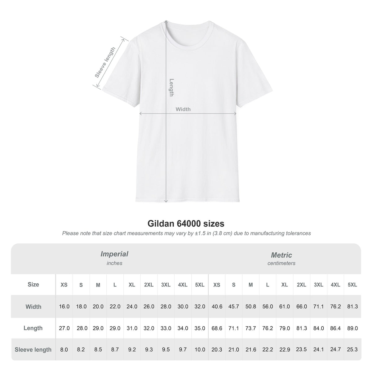 Size chart for the Gildan 64000 Softstyle t-shirt