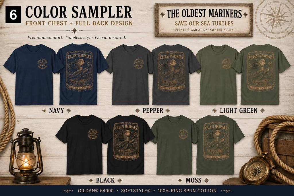 The Oldest Mariners sea turtle tee shown front and back in several shirt colors