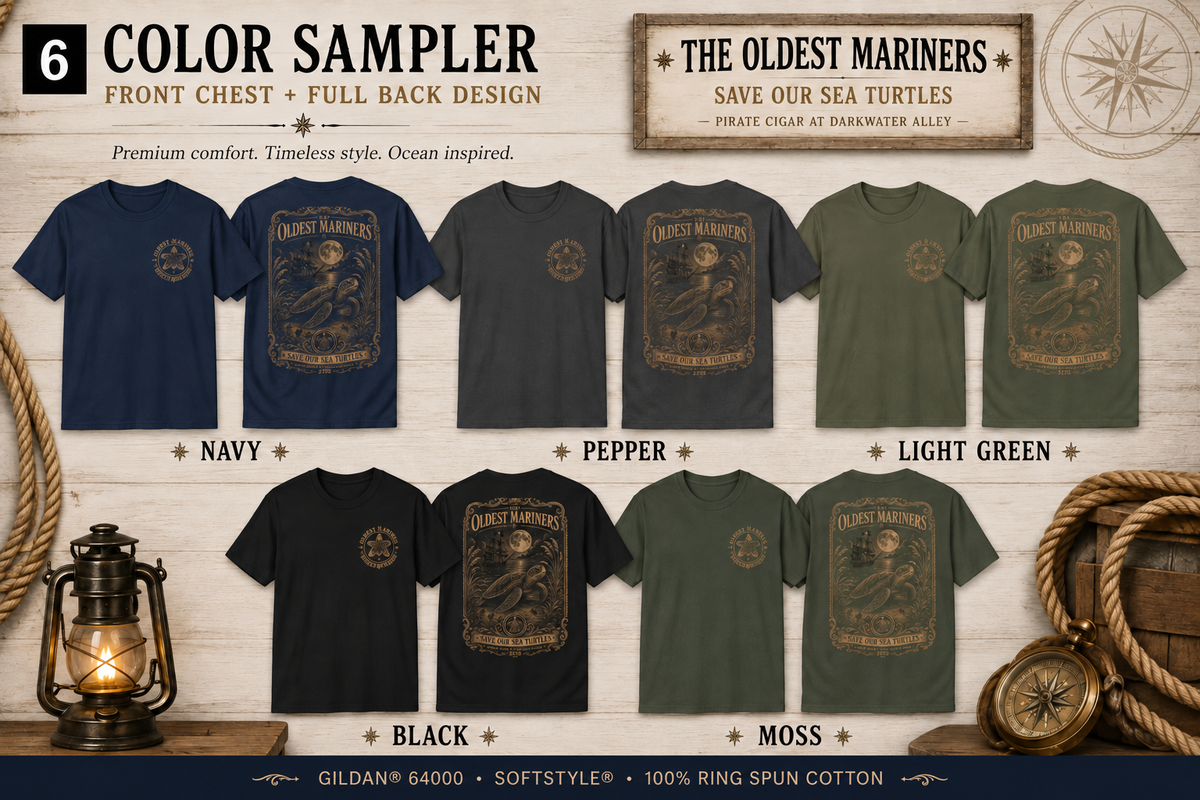 The Oldest Mariners sea turtle tee shown front and back in several shirt colors