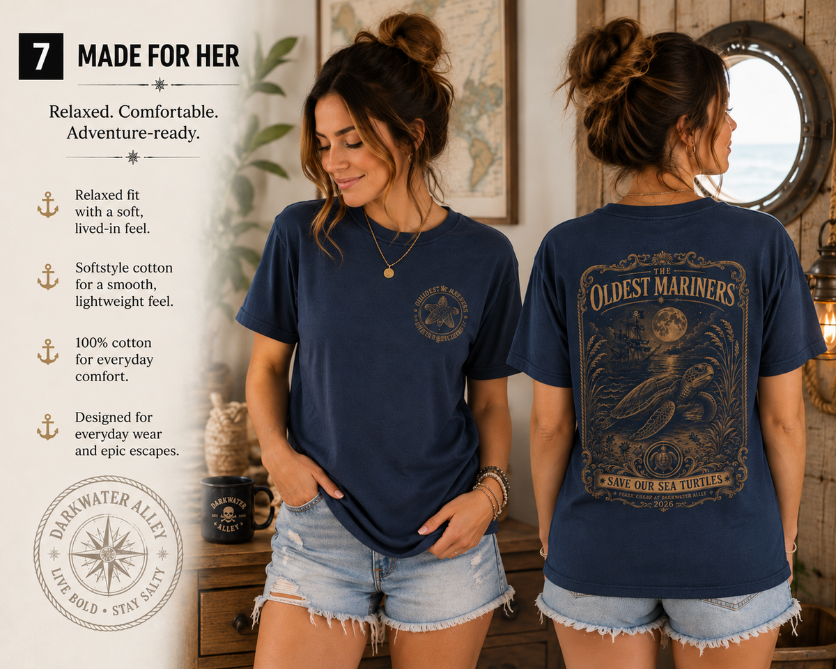 Woman wearing The Oldest Mariners sea turtle tee, front and back views