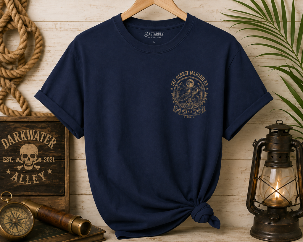 The Oldest Mariners sea turtle t-shirt on a hanger, front chest seal