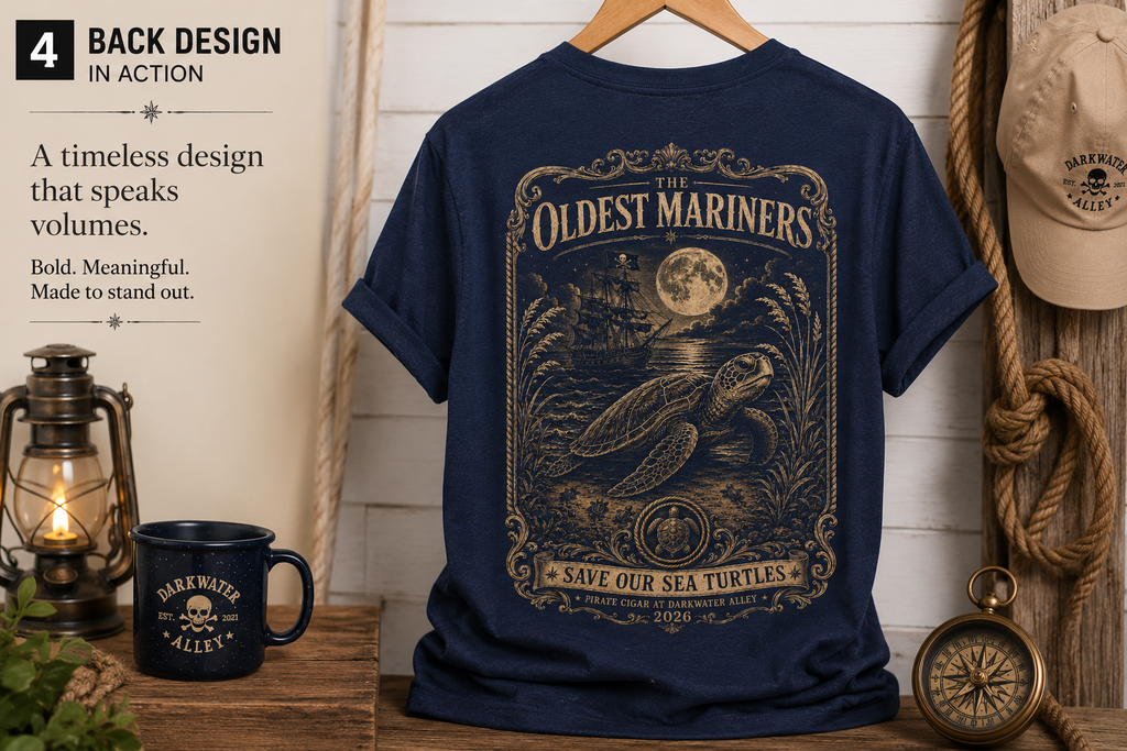 The Oldest Mariners loggerhead engraving back design on a navy sea turtle tee