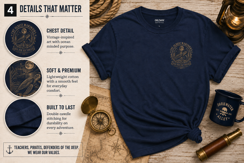 Close-up details of The Oldest Mariners sea turtle tee: chest seal and back art