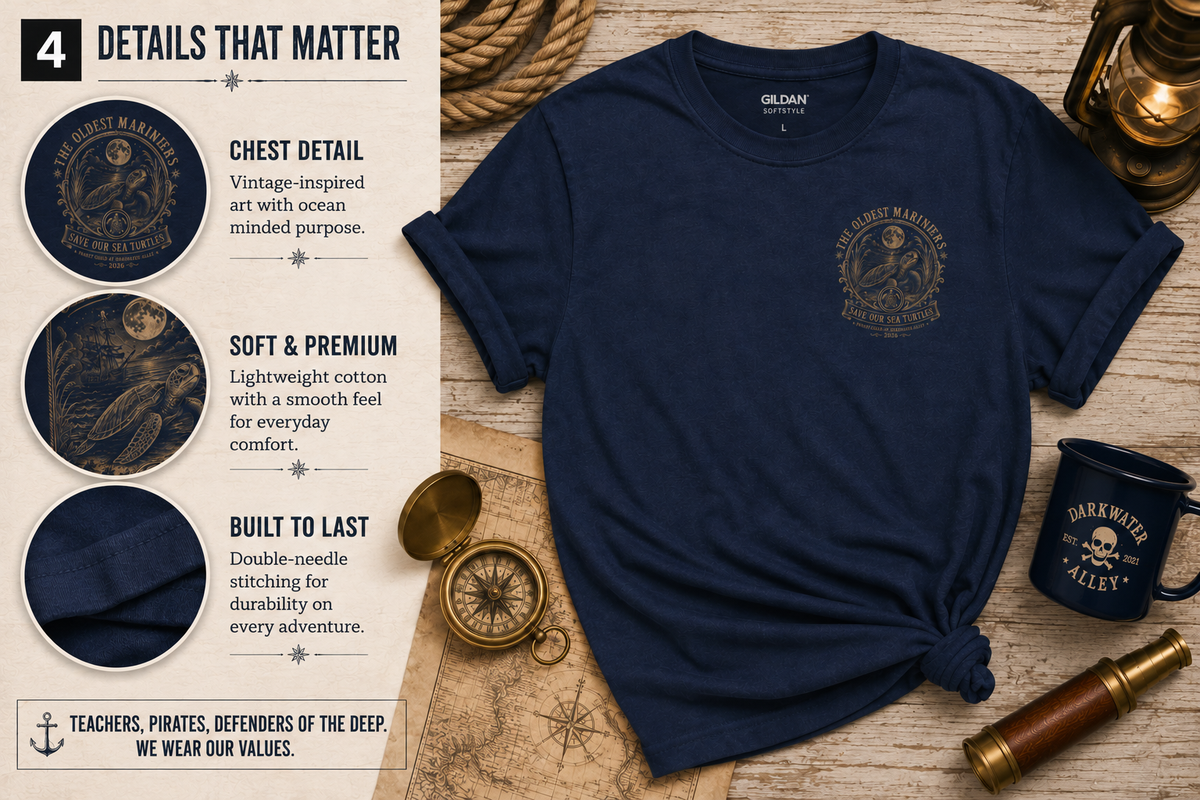 Close-up details of The Oldest Mariners sea turtle tee: chest seal and back art