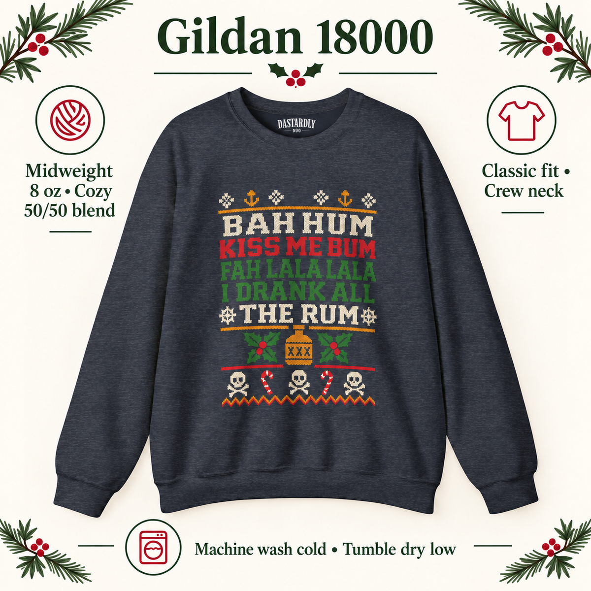 Gildan 18000 info card on a Heather Sport Dark Navy Bah Hum sweatshirt: midweight 8 oz 50/50 blend, classic fit, machine wash cold