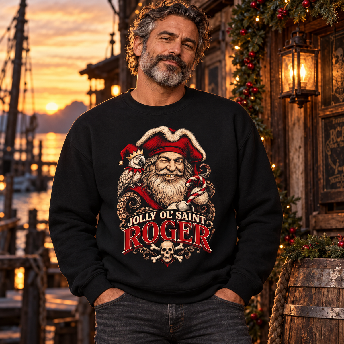 Man in a black Jolly Ol' Saint Roger pirate Santa sweatshirt on a lantern-lit dock at sunset