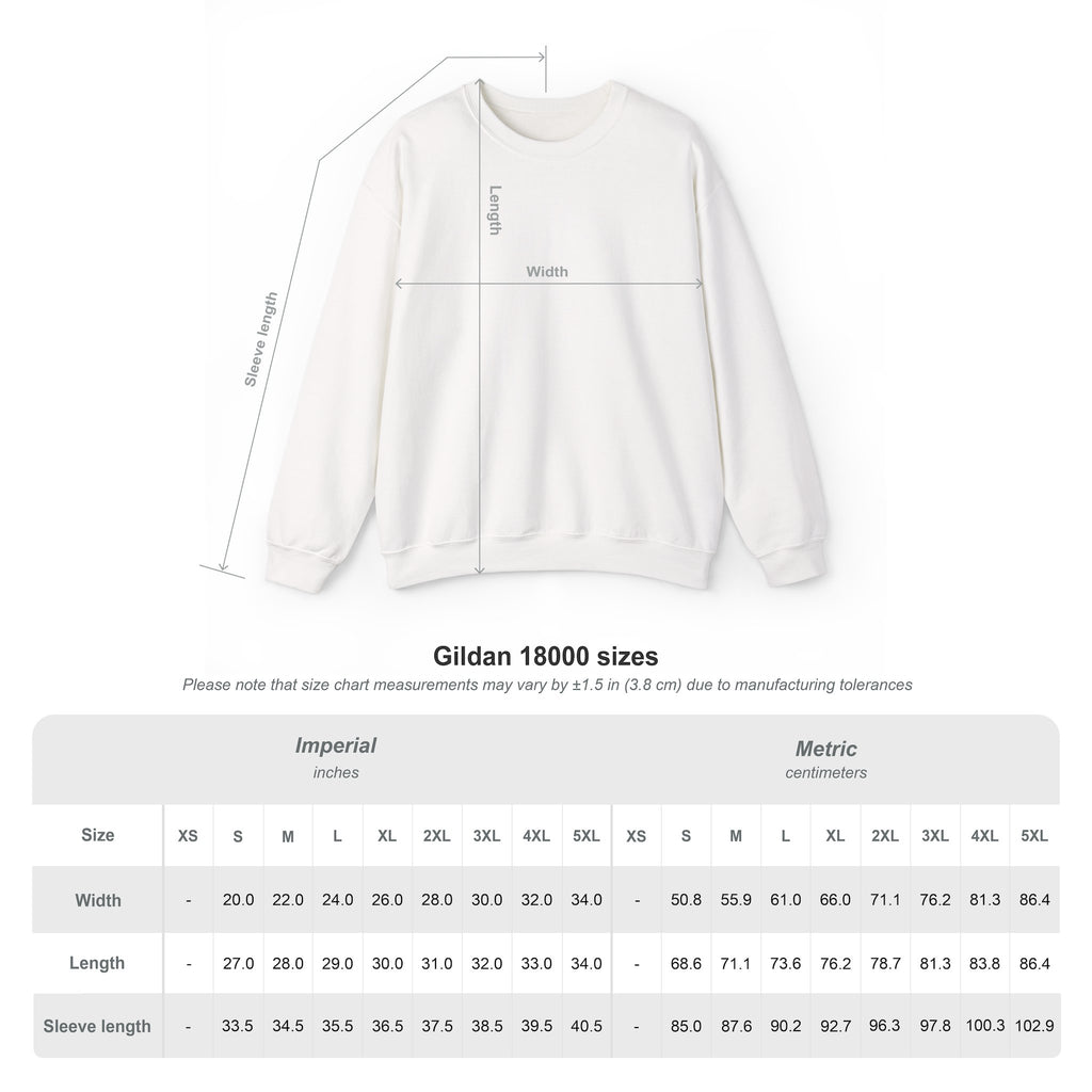 Gildan 18000 crewneck sweatshirt size chart with width, length and sleeve length for S through 5XL