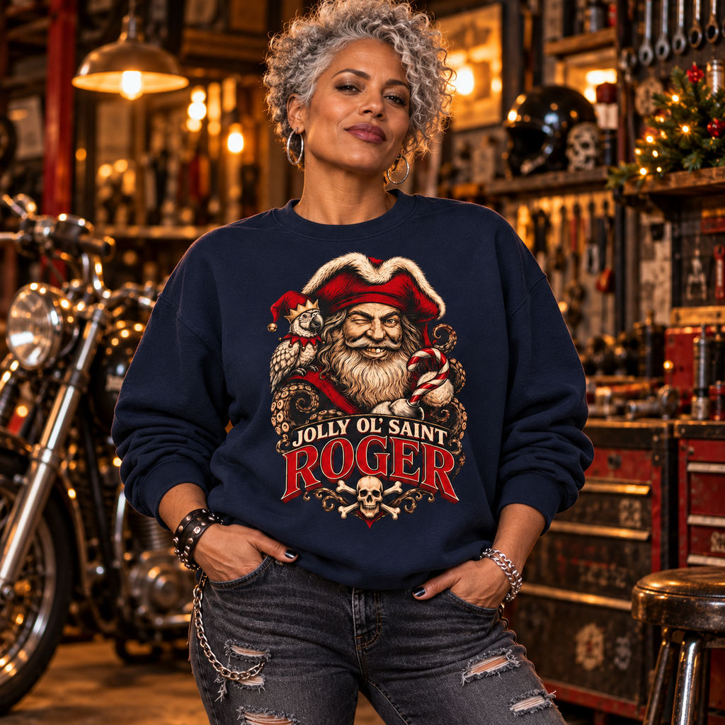 Woman in a navy Jolly Ol' Saint Roger pirate Santa sweatshirt in a garage with a motorcycle and holiday lights