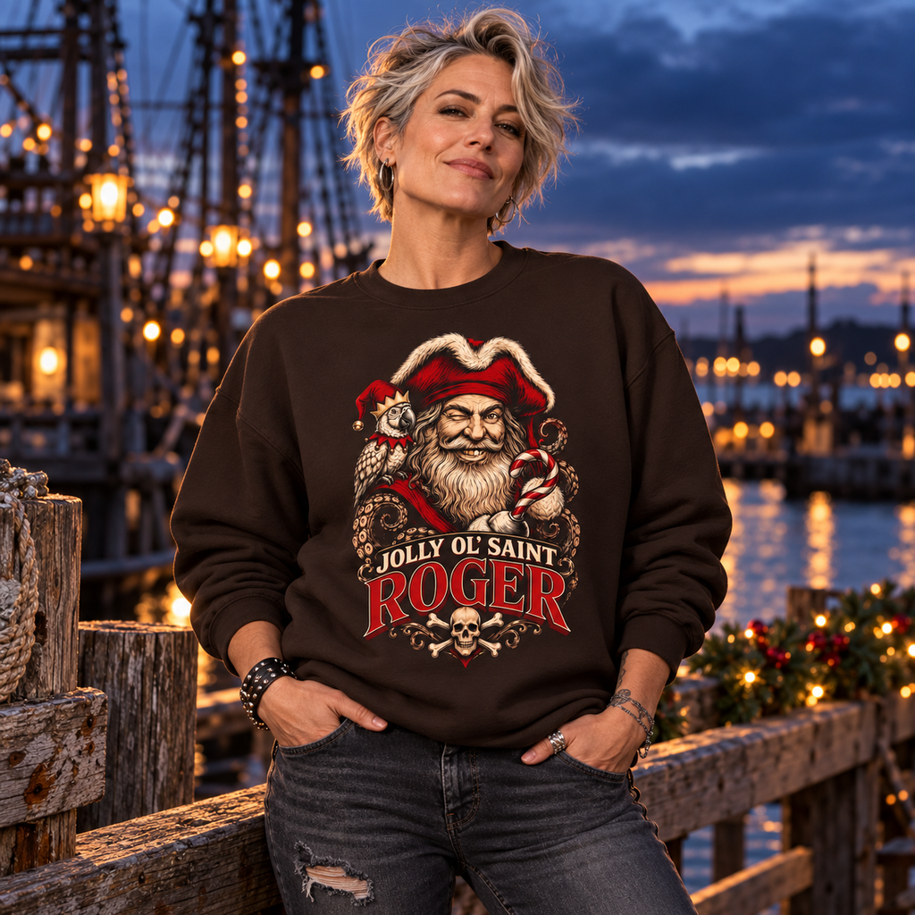 Woman in a Dark Chocolate Jolly Ol' Saint Roger sweatshirt on a harbor dock at dusk with tall ships behind her