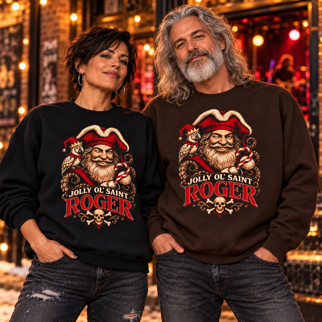 Couple in black and Dark Chocolate Jolly Ol' Saint Roger pirate Santa sweatshirts at a festive bar