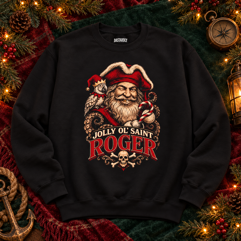 Black Jolly Ol' Saint Roger pirate Santa sweatshirt flat lay on a red holiday blanket with an anchor and compass