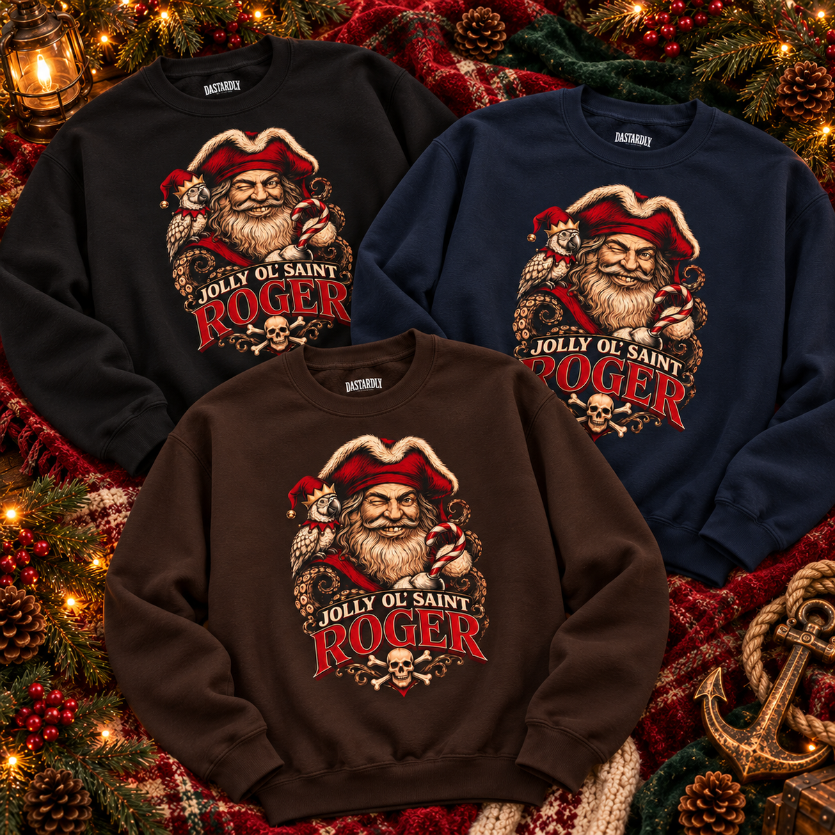 Jolly Ol' Saint Roger sweatshirt in all three colors: Black, Navy and Dark Chocolate