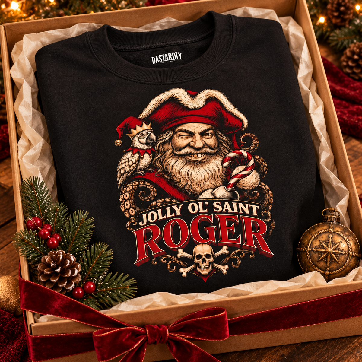 Black Jolly Ol' Saint Roger sweatshirt folded in a gift box with pine cones, a compass and a red ribbon