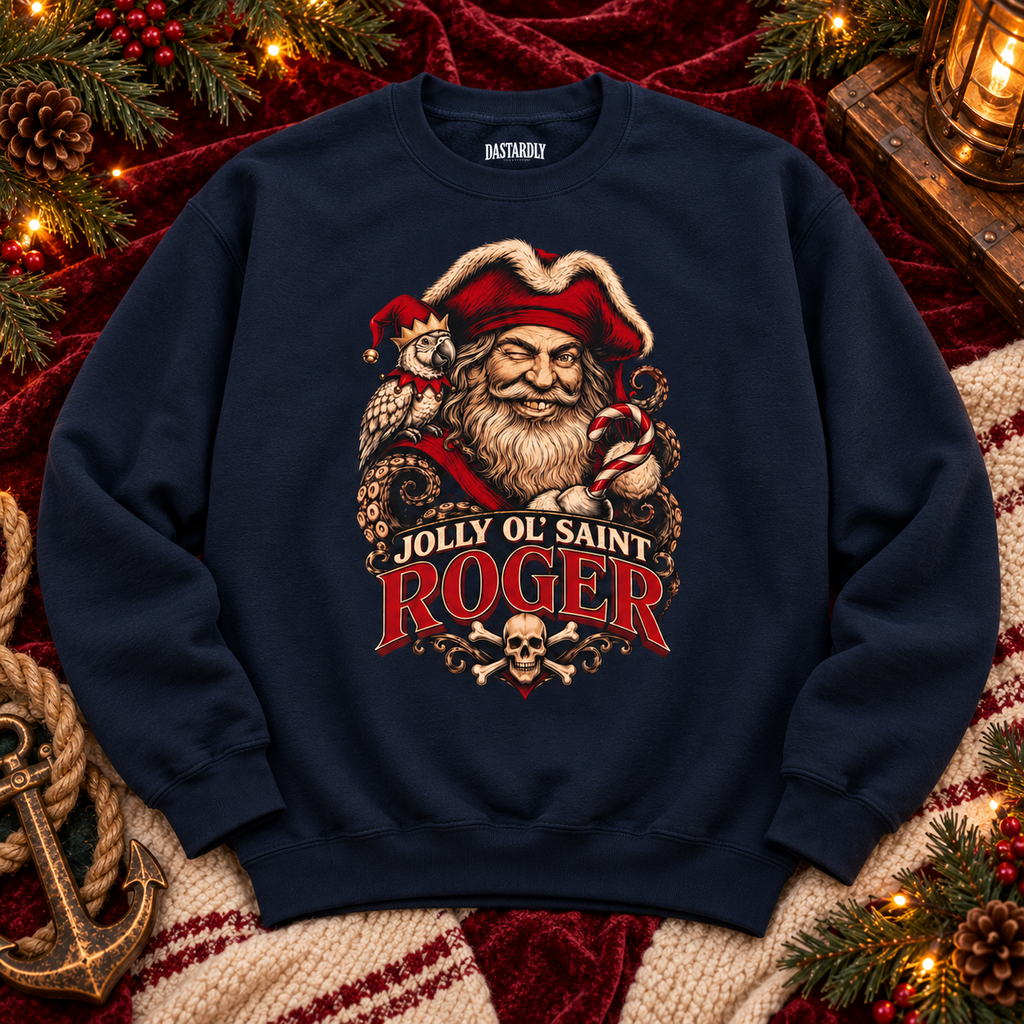 Navy Jolly Ol' Saint Roger pirate Santa sweatshirt flat lay on a plaid blanket with pine and ornaments