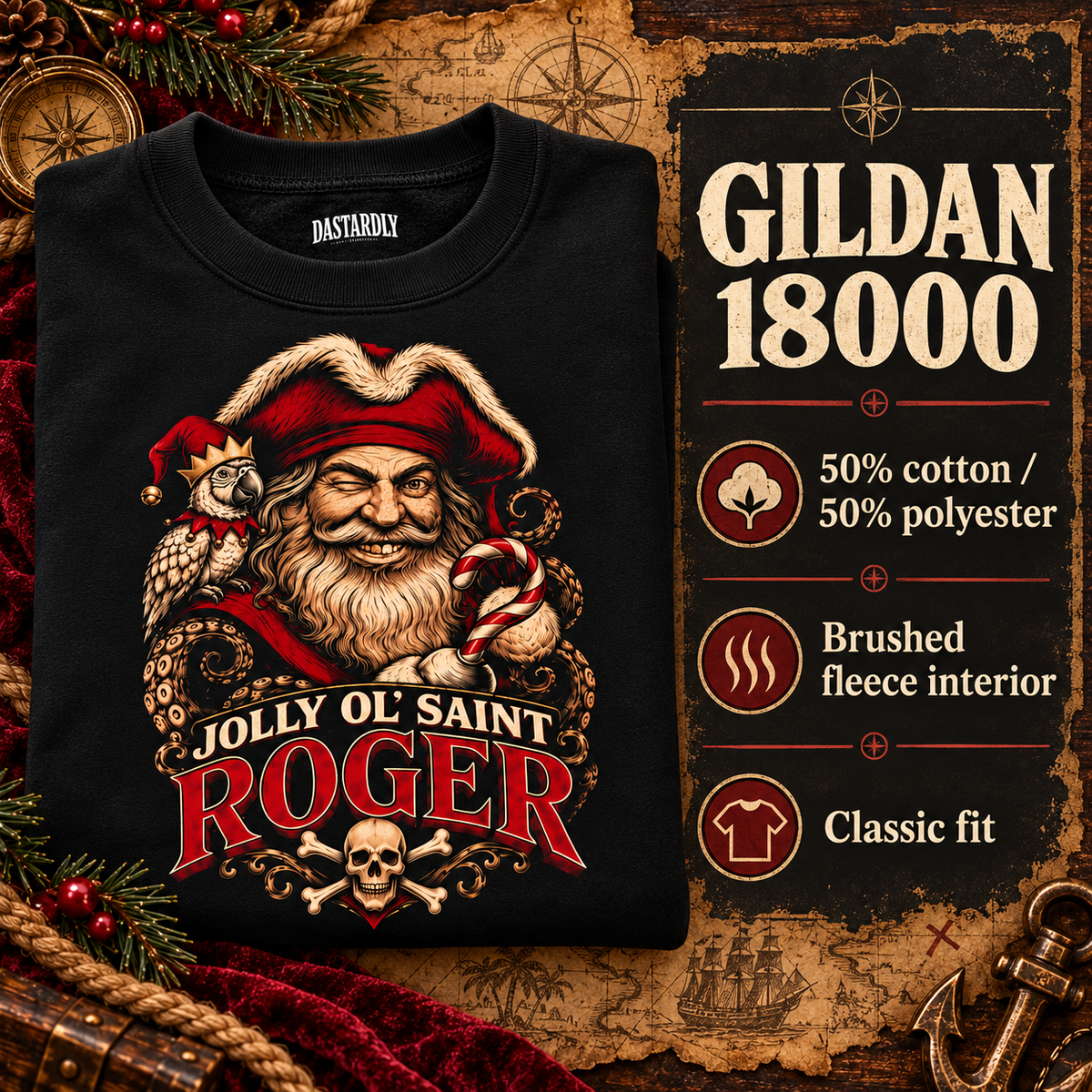 Gildan 18000 info card on a black Jolly Ol' Saint Roger sweatshirt: 50% cotton 50% polyester, brushed fleece interior, classic fit