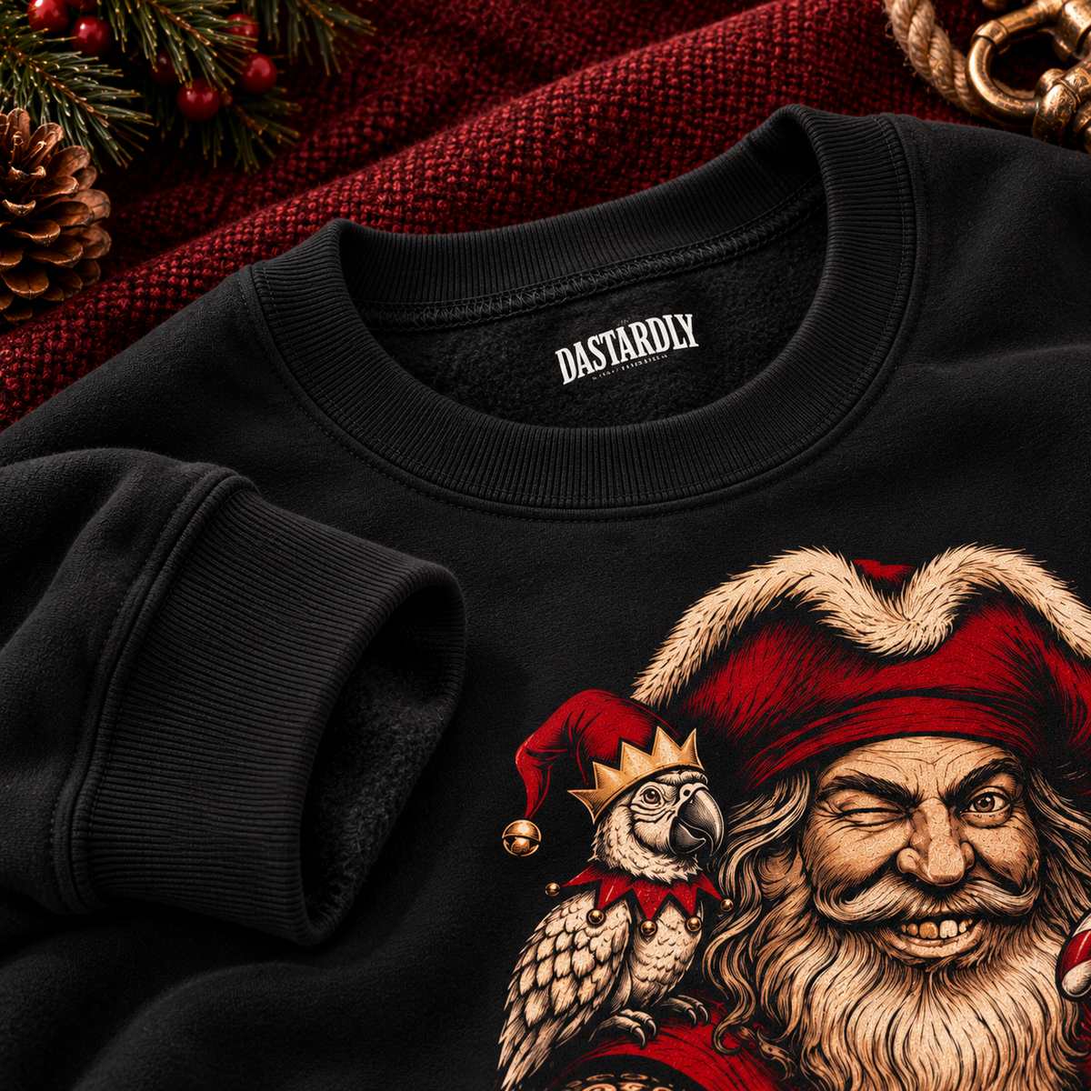 Detail of the ribbed collar and cuff of the black sweatshirt with pirate Santa and his parrot in an elf cap