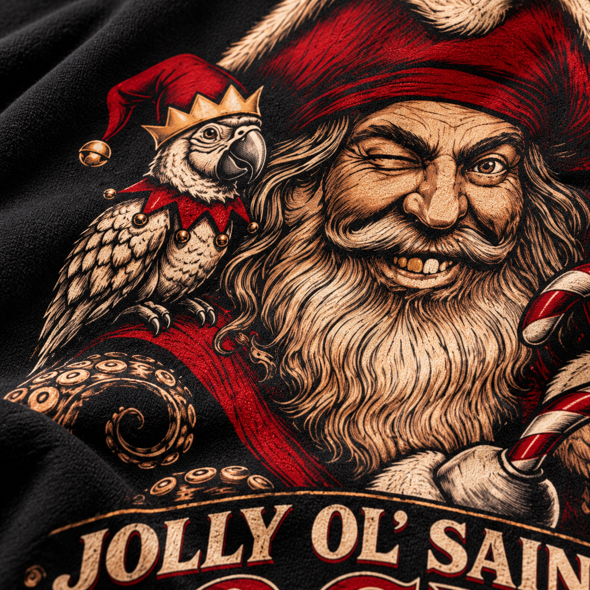Close-up of the winking pirate Santa with a gold tooth, his parrot and the Jolly Ol' Saint Roger lettering