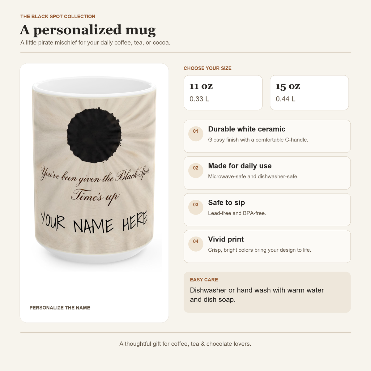 Black Spot mug details card: 11 oz and 15 oz, white ceramic, microwave and dishwasher safe, lead and BPA free