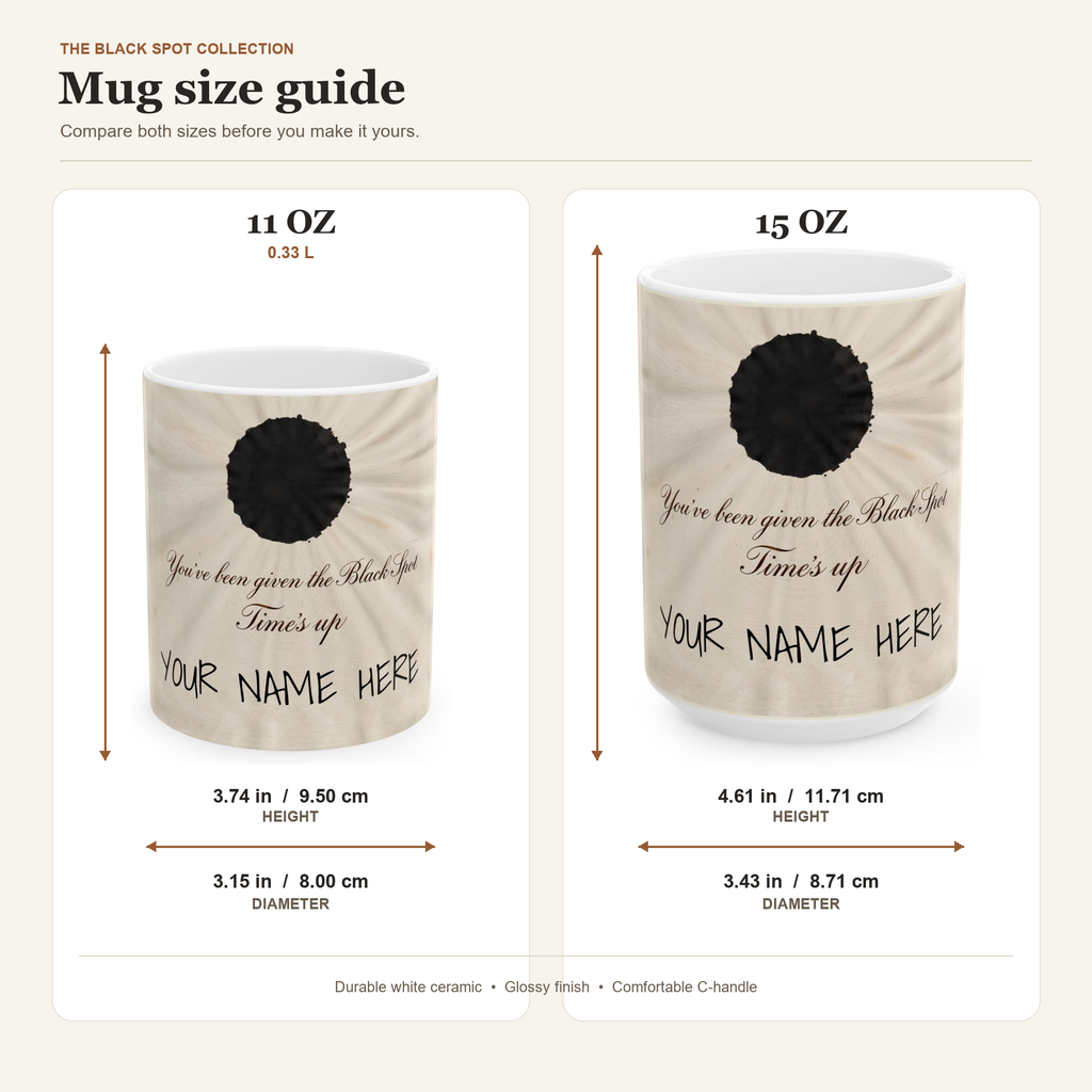 Black Spot mug size guide: 11 oz is 3.74 in tall, 15 oz is 4.61 in tall