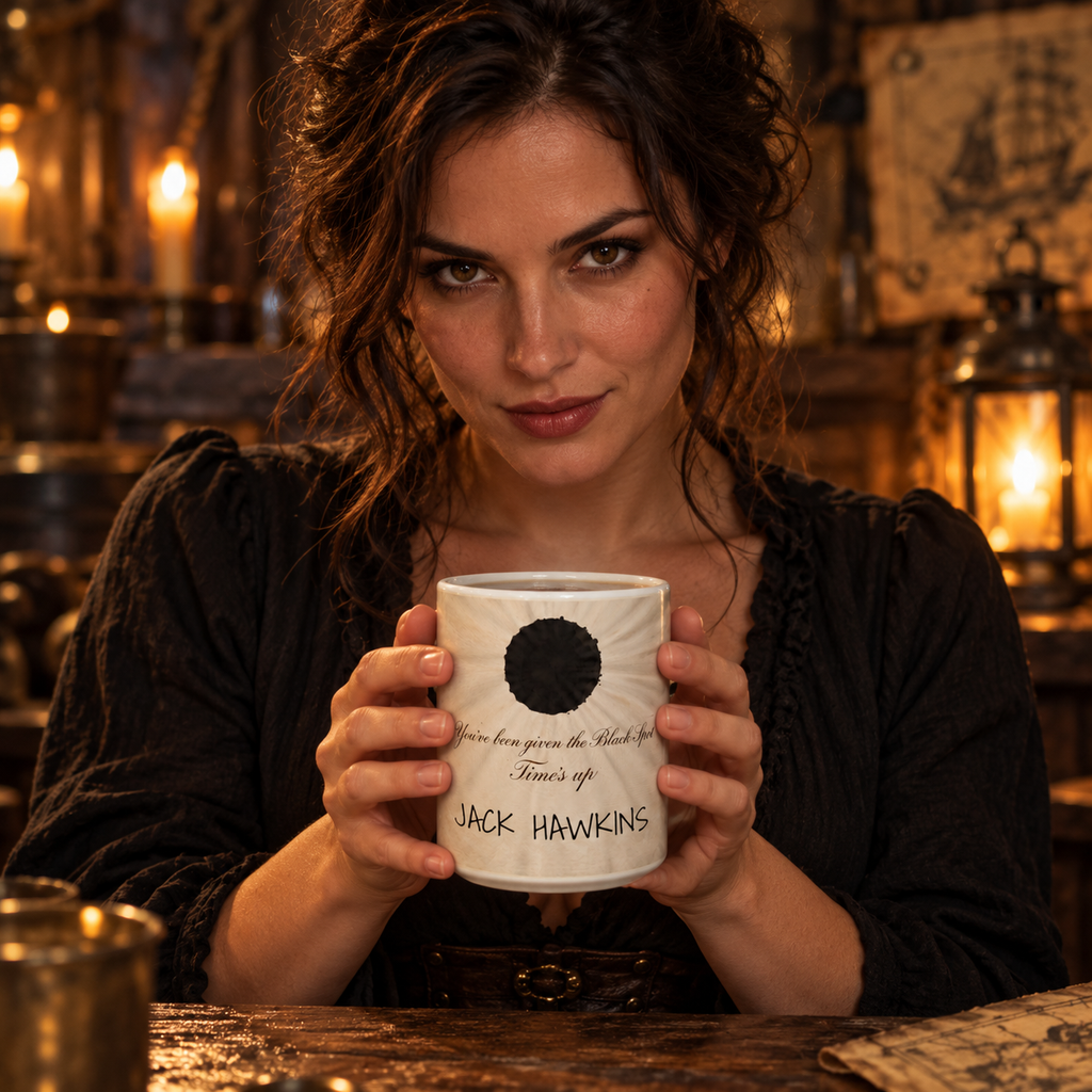 Woman holding the Black Spot mug personalized with the name Jack Hawkins