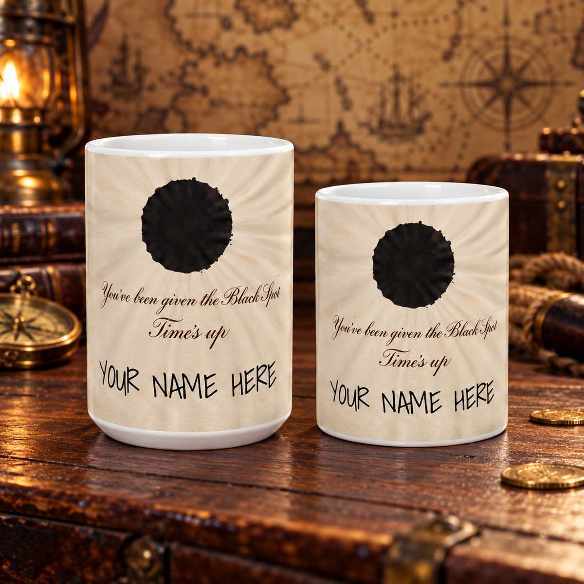 Personalized Black Spot coffee mugs in 11 oz and 15 oz on a candlelit pirate tavern table