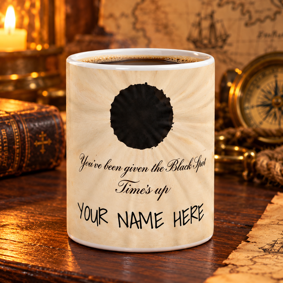 Front of the Black Spot mug: ink spot on parchment, You've been given the Black Spot, Time's up, and a name
