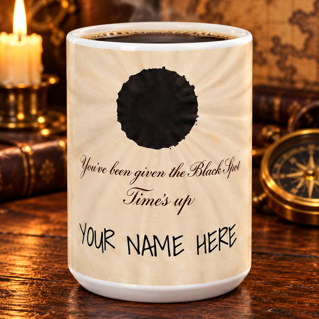 Close-up of the Black Spot mug filled with coffee, the script lettering and name space under Time's up