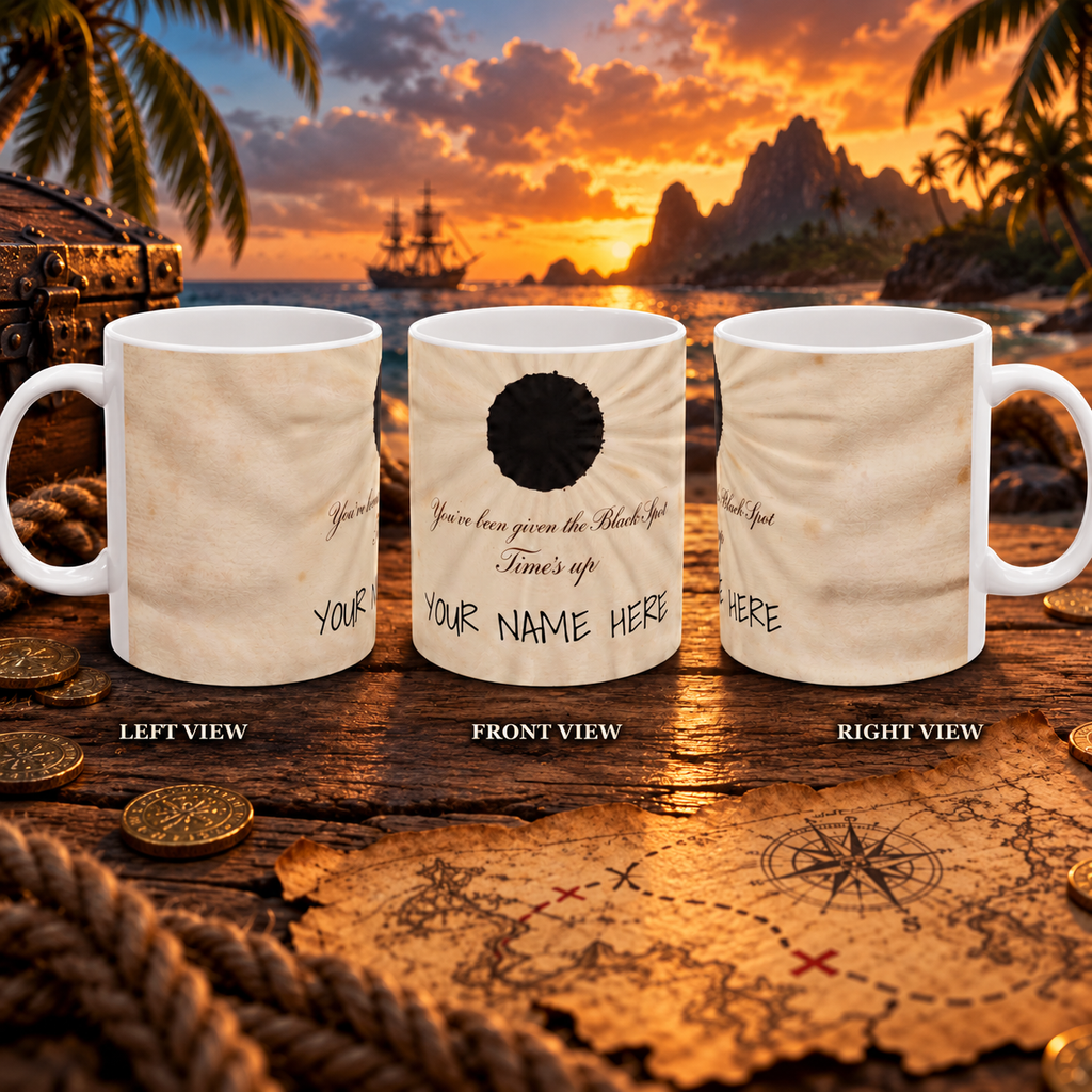 Left, front and right views of the Black Spot mug on a treasure map at sunset