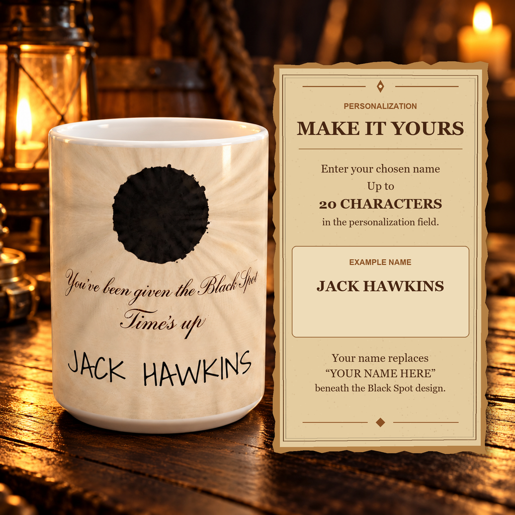 Black Spot mug with the name Jack Hawkins next to a Make It Yours card: up to 20 characters