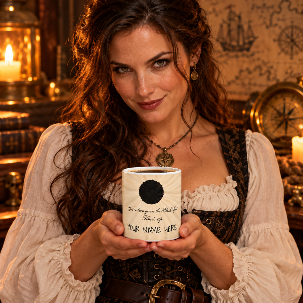 Woman in a pirate blouse holding the personalized Black Spot coffee mug in a candlelit tavern