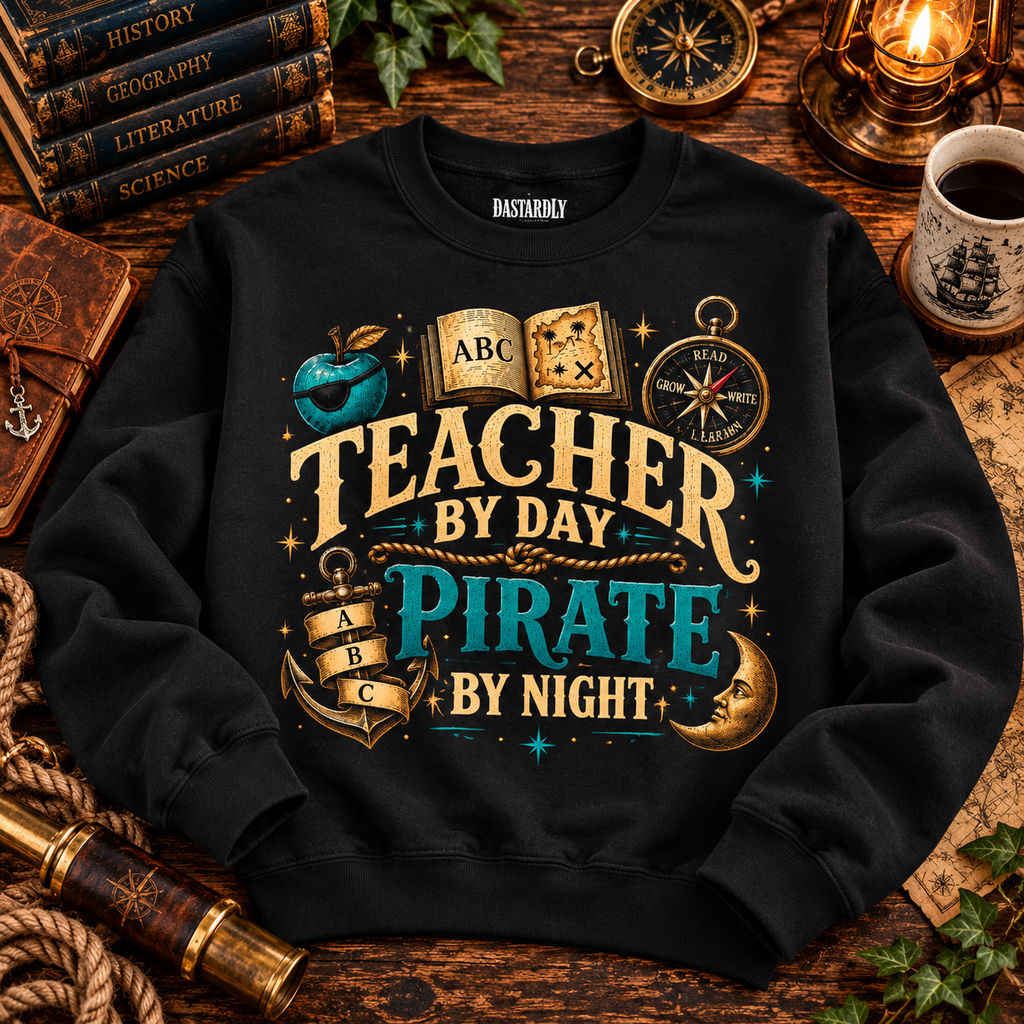 Black Teacher by Day Pirate by Night sweatshirt laid flat on a wooden desk with a compass and a coffee cup
