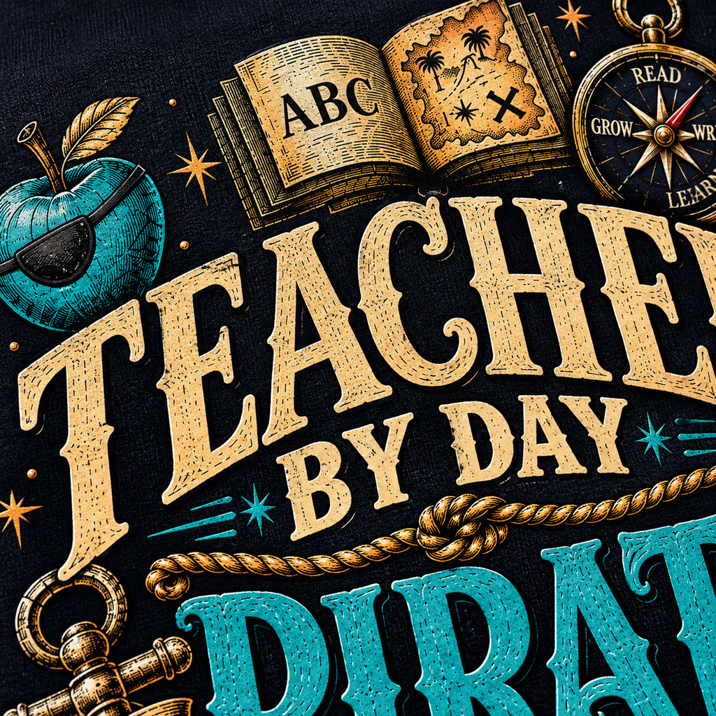 Close-up of the design: an ABC storybook, an apple and a compass above gold TEACHER BY DAY lettering
