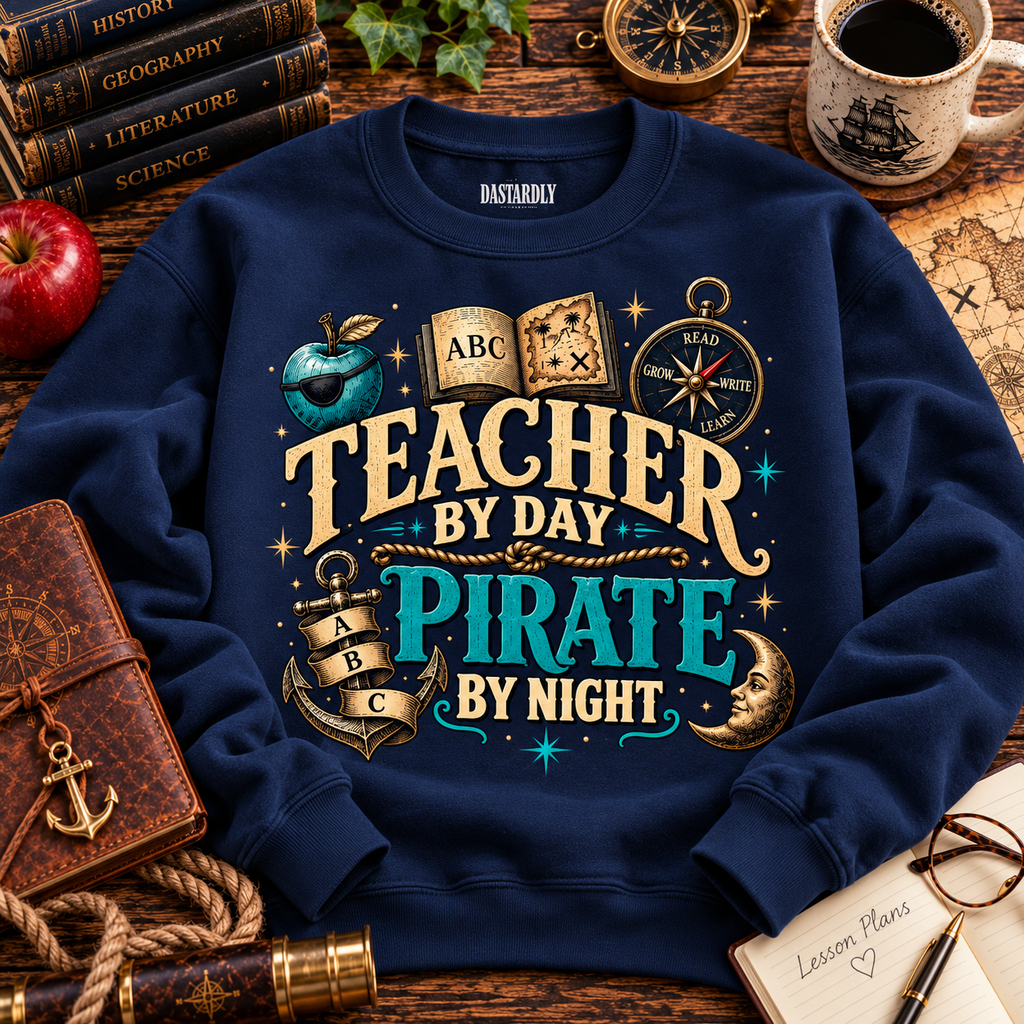 Navy Teacher by Day Pirate by Night sweatshirt laid out with an apple, old books and a cup of coffee