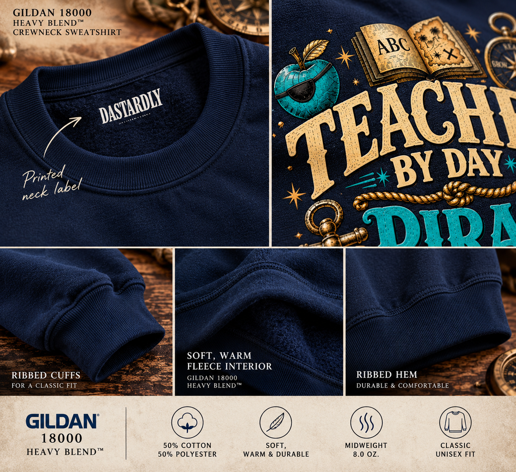 Detail collage of the navy Gildan 18000 sweatshirt: neck label, ribbed cuffs and hem, soft fleece inside and the front print