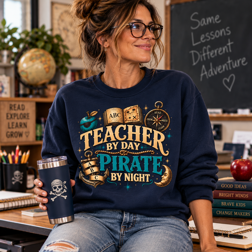 Teacher sitting at a classroom desk by a chalkboard, wearing a navy Teacher by Day Pirate by Night sweatshirt