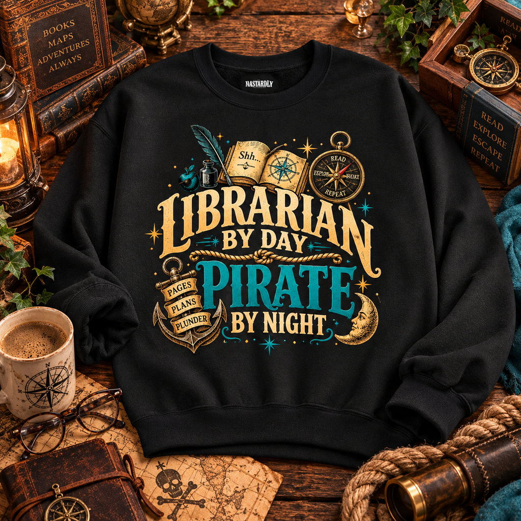 Black Librarian by Day Pirate by Night sweatshirt laid flat with a coffee mug, spyglass and old maps