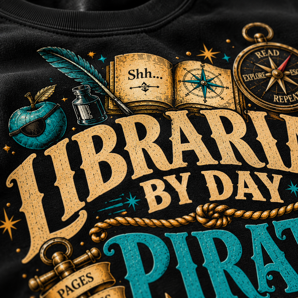 Close-up of the gold and teal Librarian by Day print with an open Shh book, quill and compass