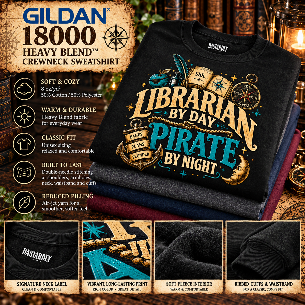 Gildan 18000 sweatshirt details: neck label, print, soft fleece interior and ribbed cuffs