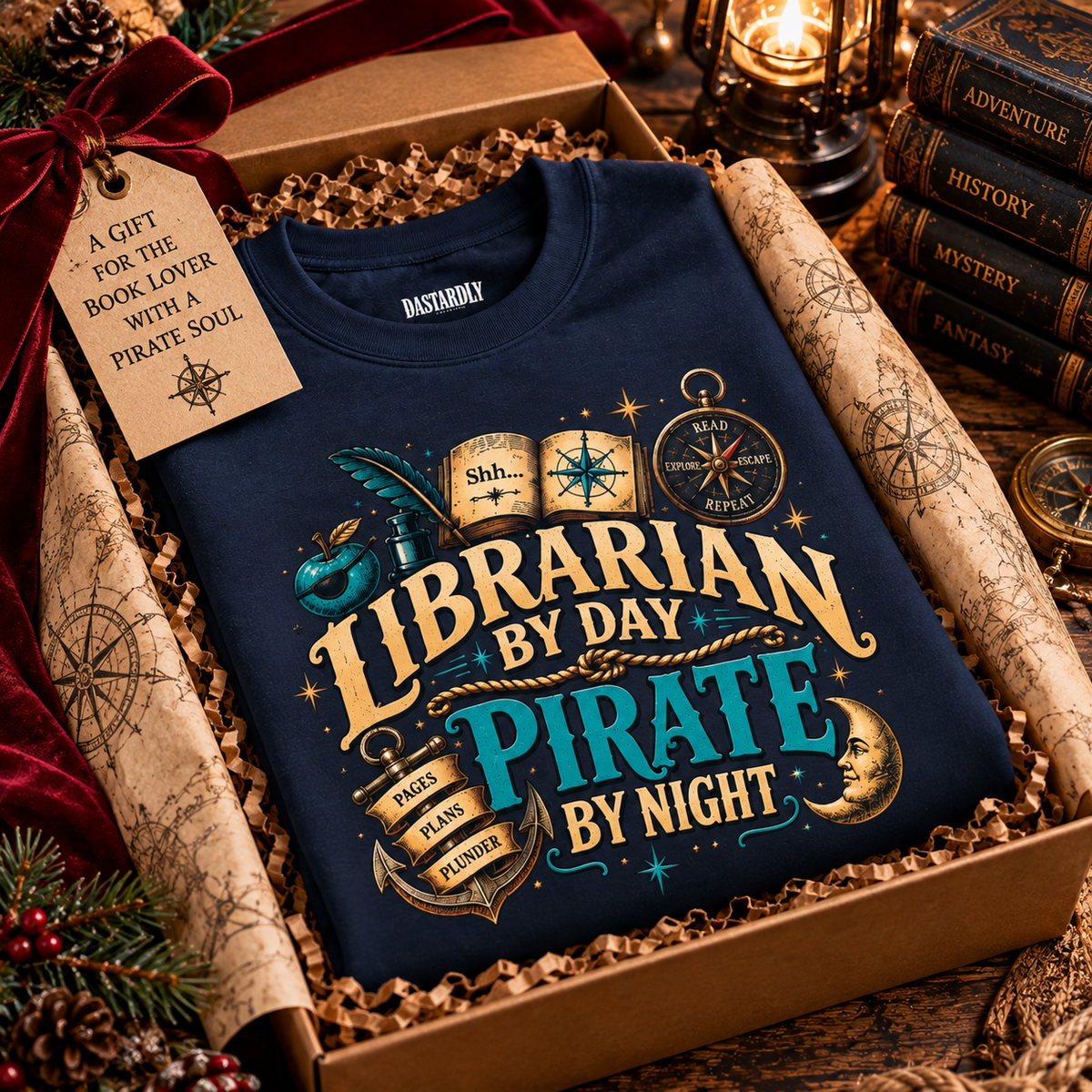 Navy Librarian by Day Pirate by Night sweatshirt in a gift box with a book lover gift tag