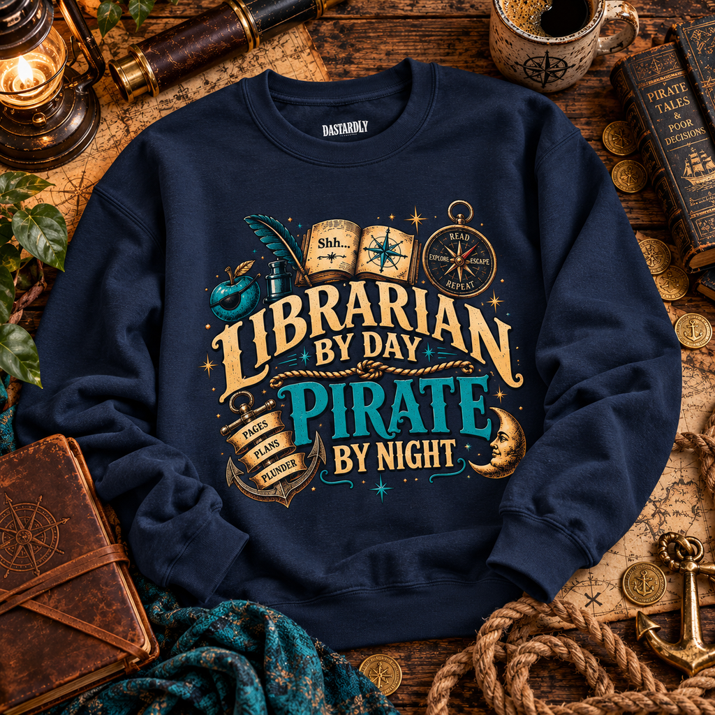 Navy Librarian by Day Pirate by Night sweatshirt flat lay with a leather book and rope