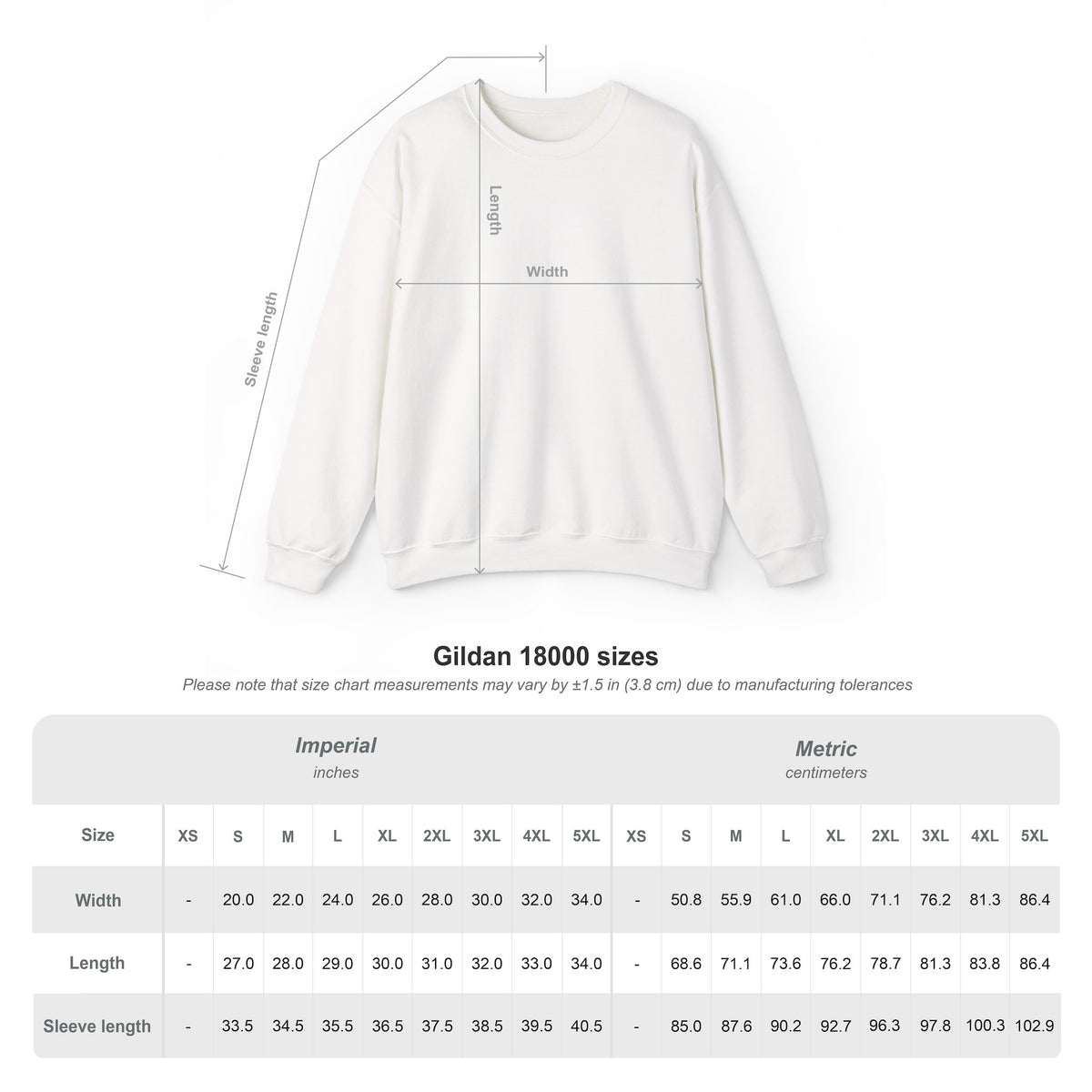 Gildan 18000 crewneck sweatshirt size chart with width, length and sleeve length