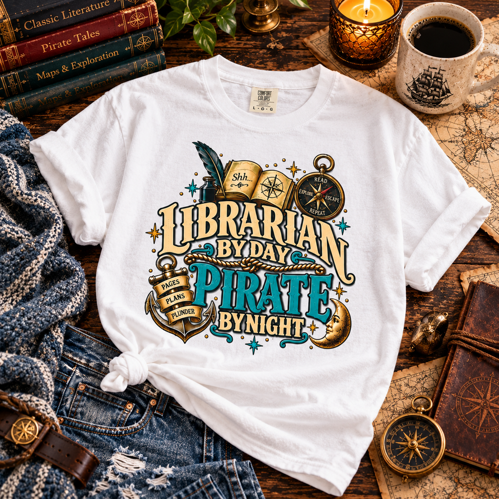 White Librarian by Day Pirate by Night t-shirt laid flat with jeans, a coffee mug, a compass and old books