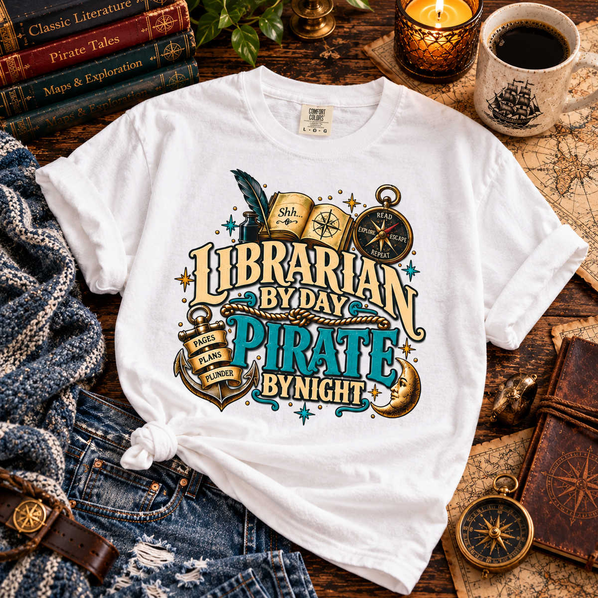 White Librarian by Day Pirate by Night t-shirt laid flat with jeans, a coffee mug, a compass and old books