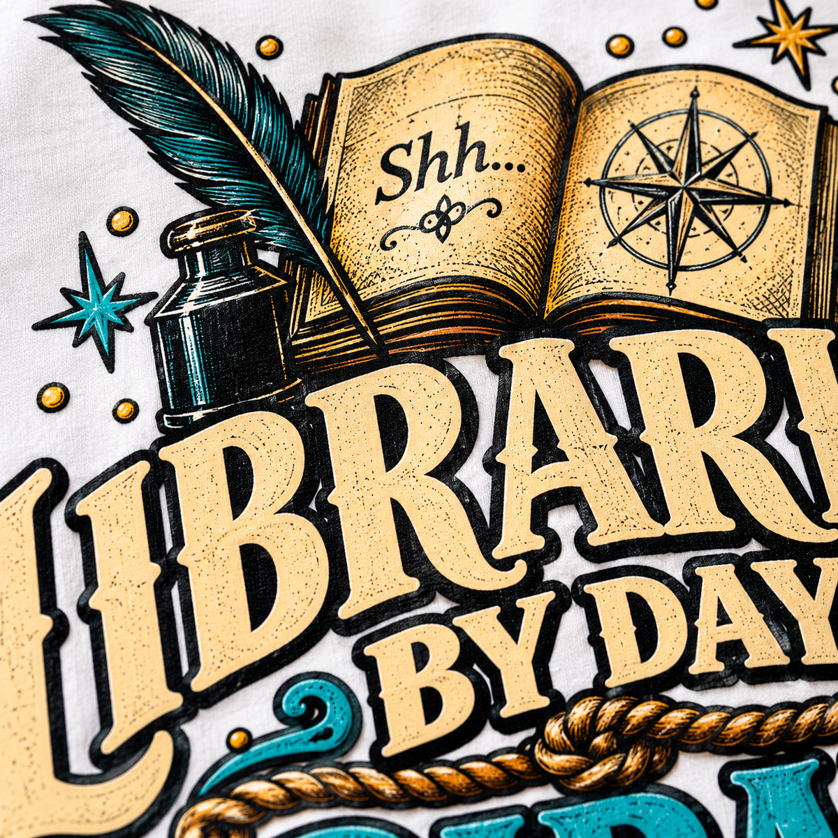 Close-up of the design: an open book with a Shh note, a feather quill and a brass compass above gold LIBRARIAN BY DAY lettering