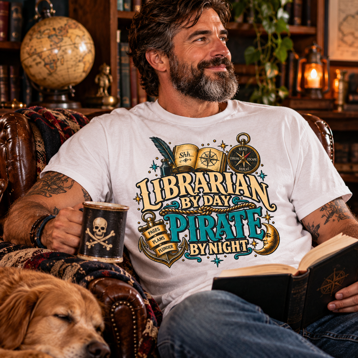 Bearded man reading in a leather chair beside a sleeping dog, wearing a white Librarian by Day Pirate by Night t-shirt