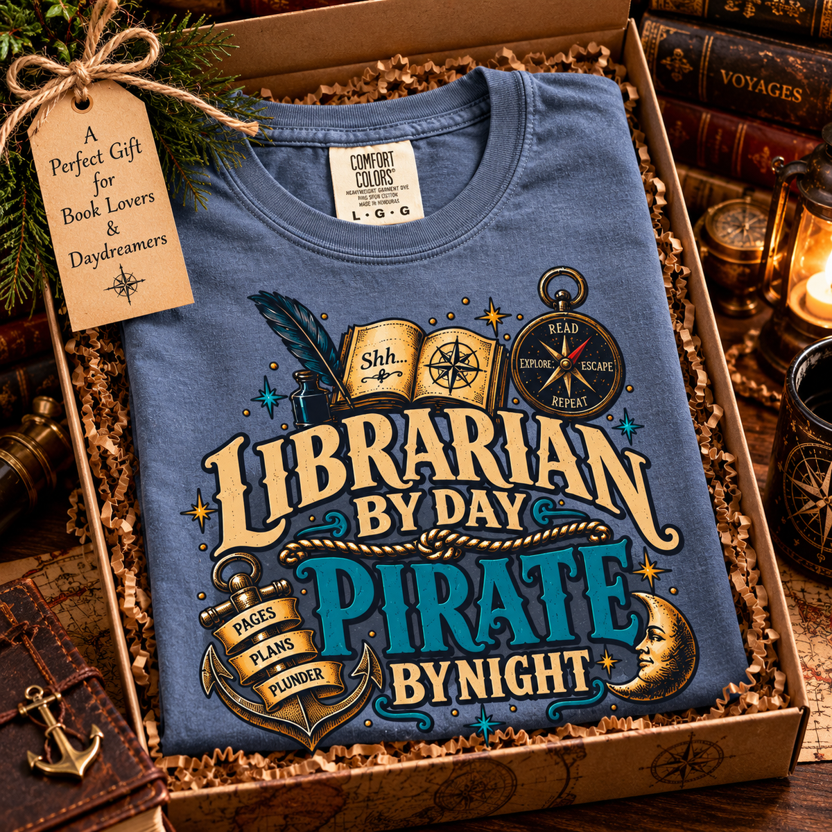 Blue Librarian by Day Pirate by Night t-shirt folded in a gift box with a tag reading A Perfect Gift for Book Lovers and Daydreamers